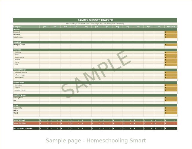 Watermarked sample page 1 from Family Budget Tracker