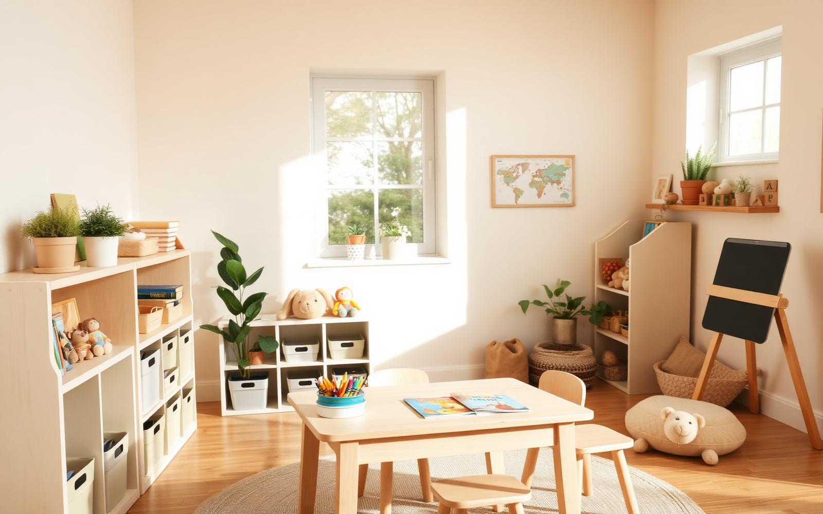 A calm, neutral-colored home classroom with a light wood desk, a bookshelf, and potted plants in soft daylight